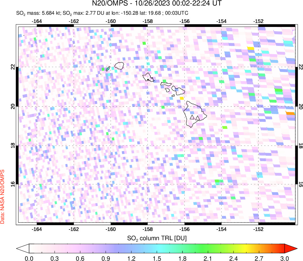 A sulfur dioxide image over Hawaii, USA on Oct 26, 2023.