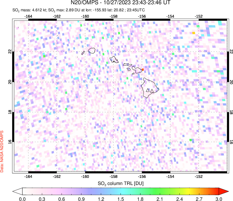 A sulfur dioxide image over Hawaii, USA on Oct 27, 2023.