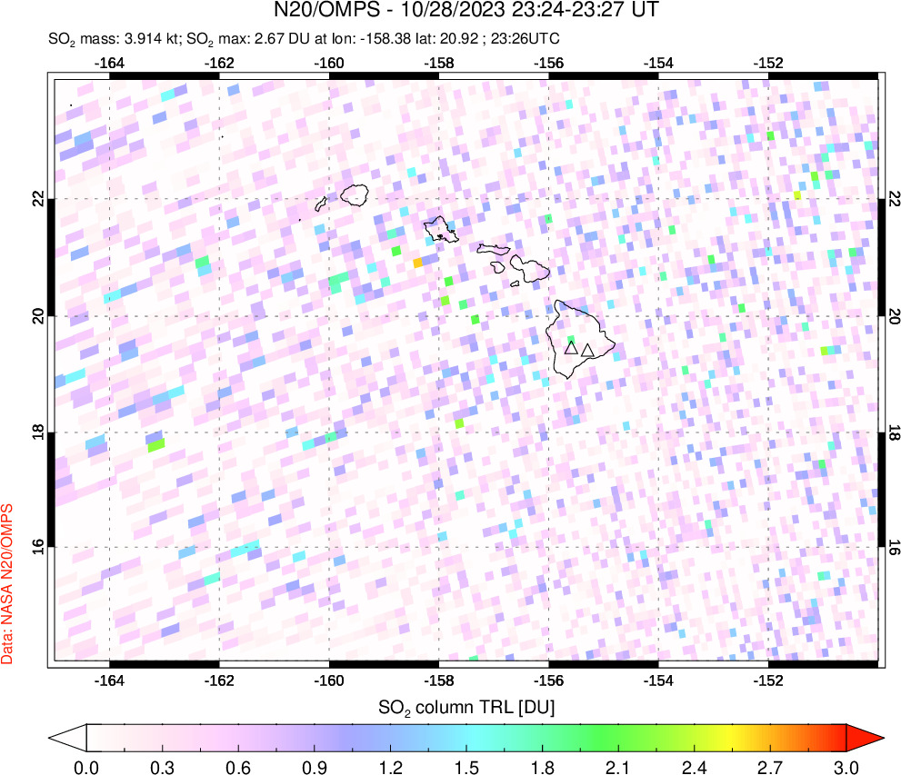 A sulfur dioxide image over Hawaii, USA on Oct 28, 2023.