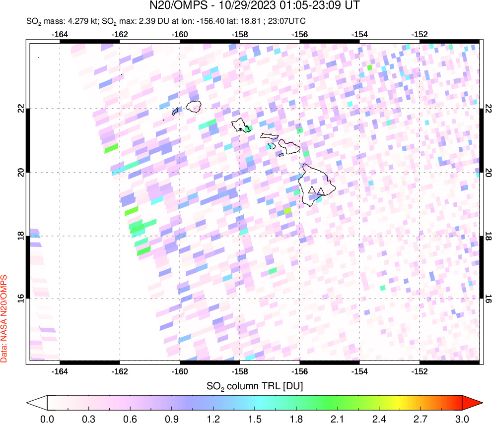 A sulfur dioxide image over Hawaii, USA on Oct 29, 2023.