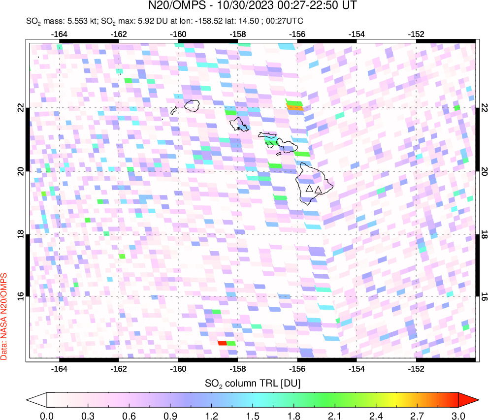 A sulfur dioxide image over Hawaii, USA on Oct 30, 2023.