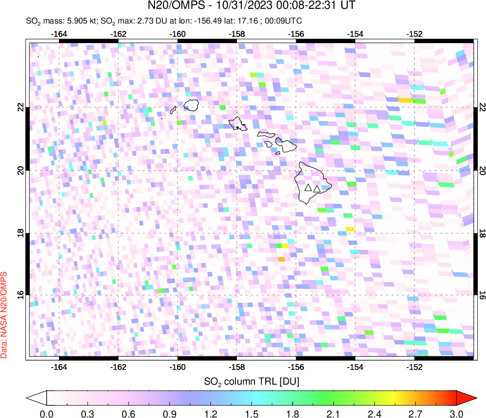 A sulfur dioxide image over Hawaii, USA on Oct 31, 2023.