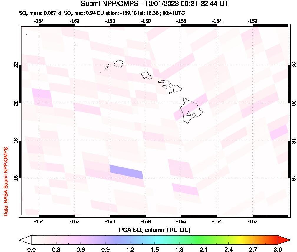 A sulfur dioxide image over Hawaii, USA on Oct 01, 2023.