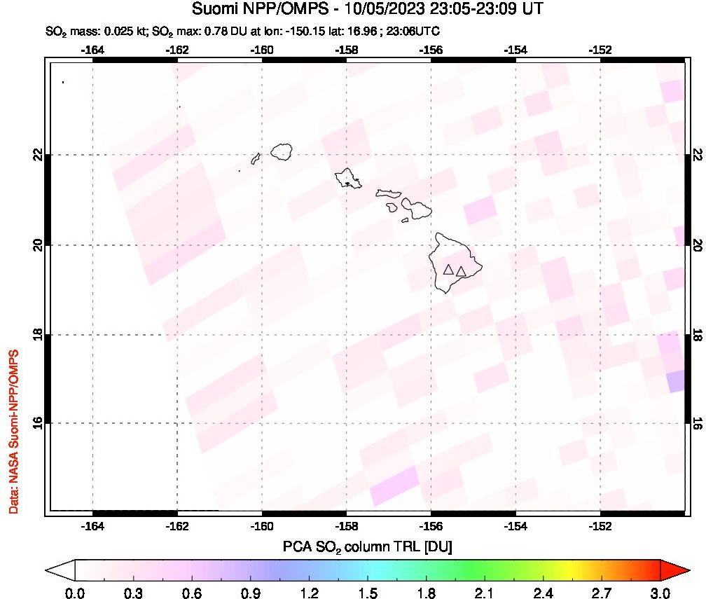 A sulfur dioxide image over Hawaii, USA on Oct 05, 2023.