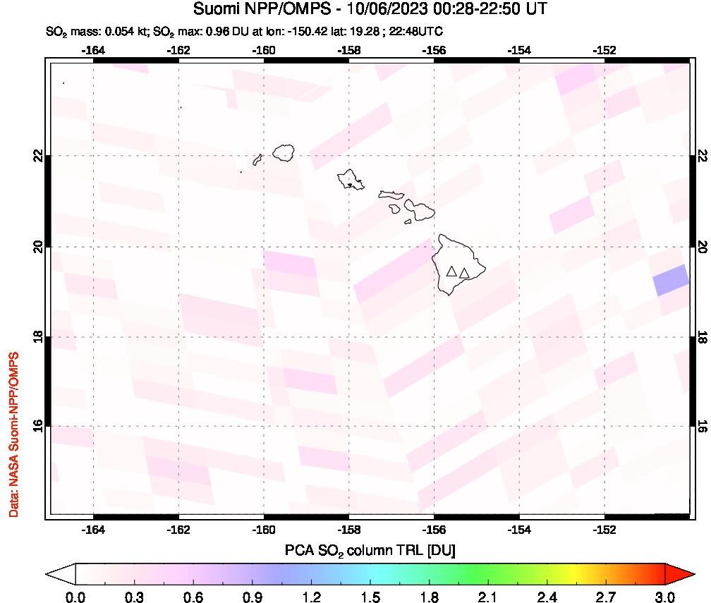 A sulfur dioxide image over Hawaii, USA on Oct 06, 2023.