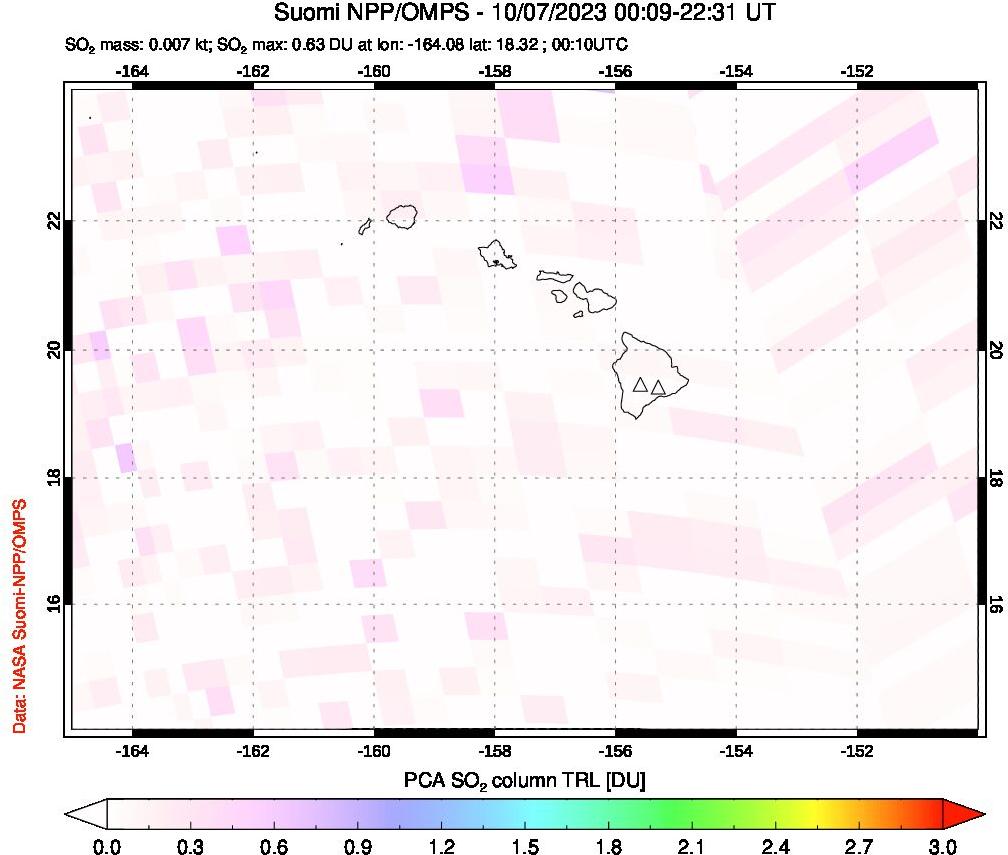 A sulfur dioxide image over Hawaii, USA on Oct 07, 2023.