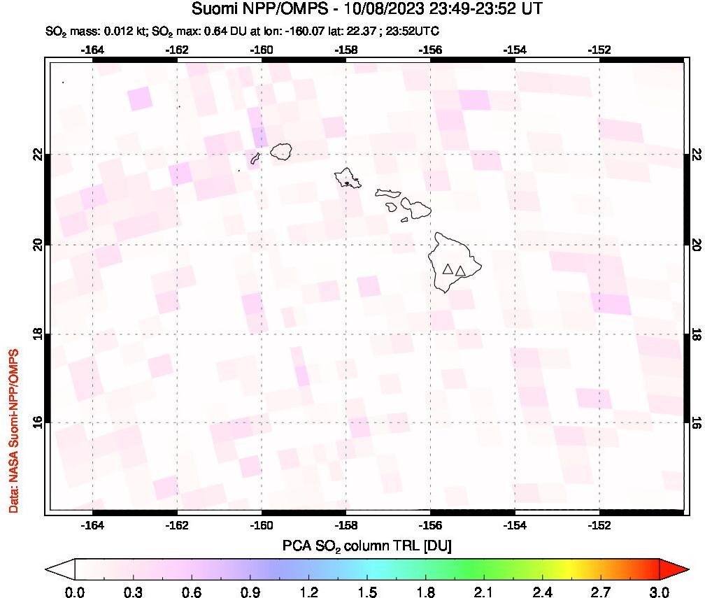 A sulfur dioxide image over Hawaii, USA on Oct 08, 2023.