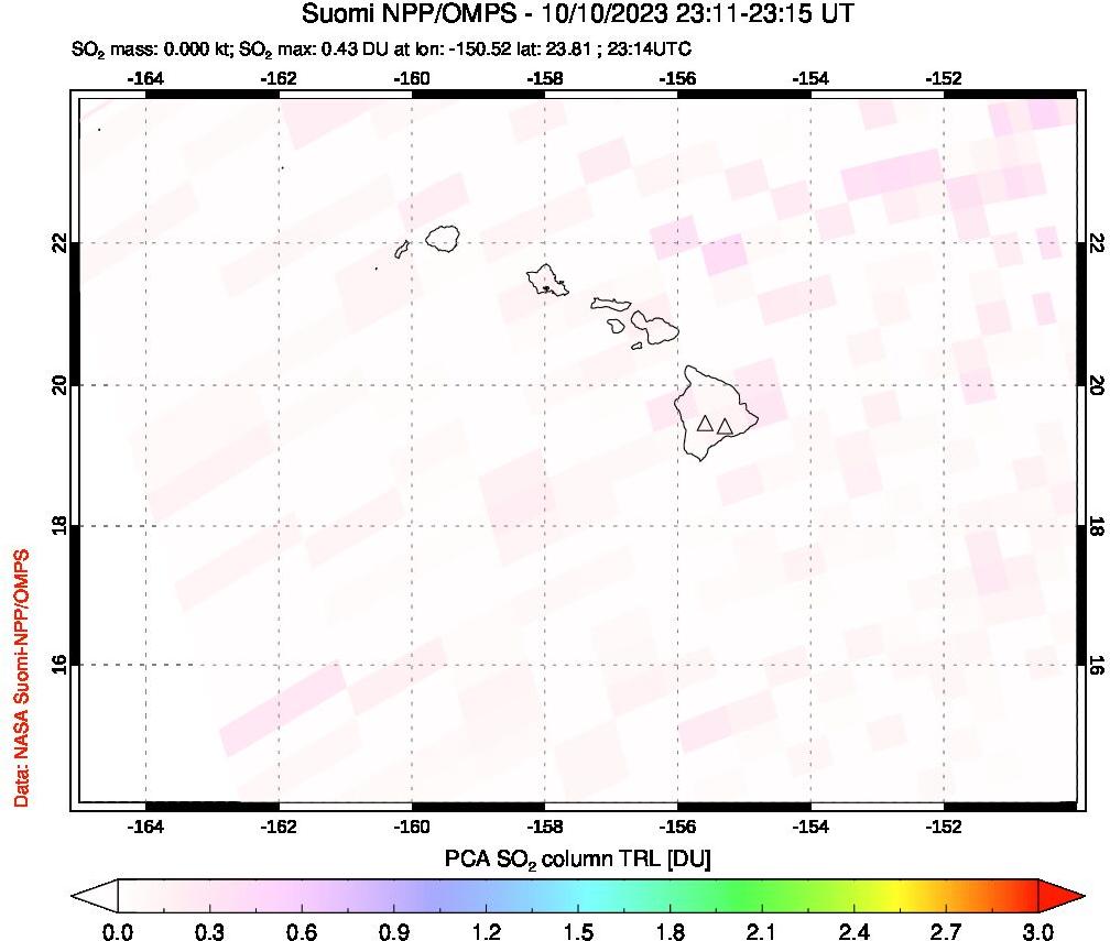 A sulfur dioxide image over Hawaii, USA on Oct 10, 2023.