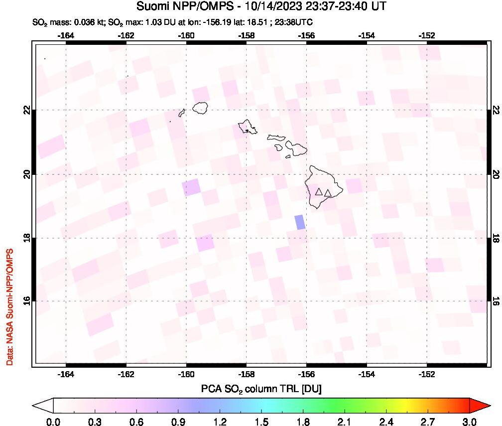 A sulfur dioxide image over Hawaii, USA on Oct 14, 2023.