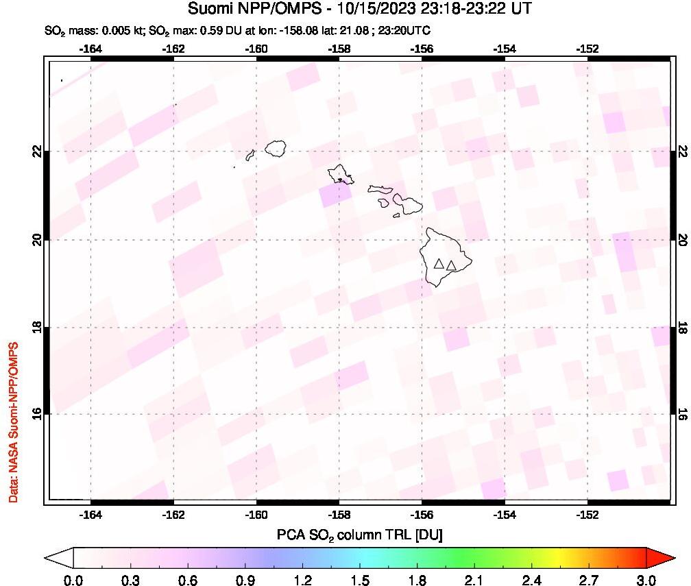 A sulfur dioxide image over Hawaii, USA on Oct 15, 2023.