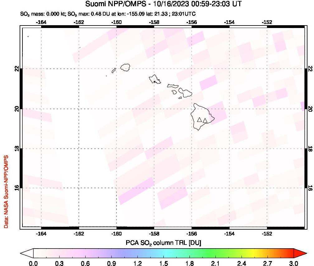 A sulfur dioxide image over Hawaii, USA on Oct 16, 2023.