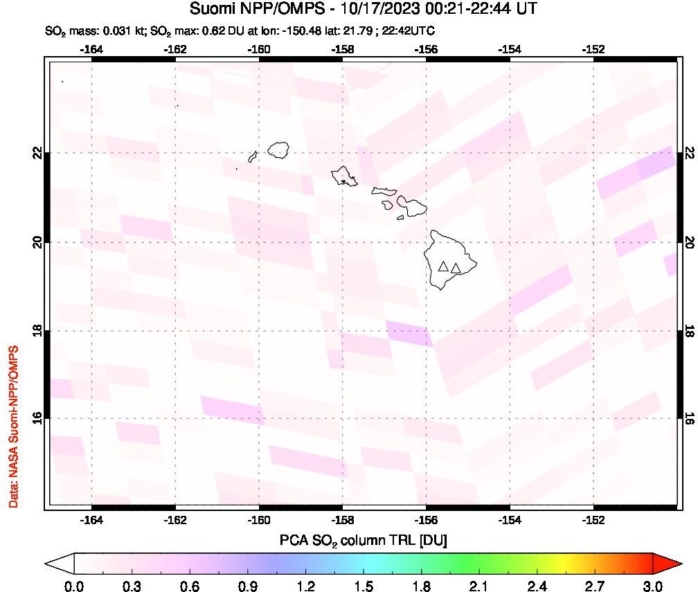 A sulfur dioxide image over Hawaii, USA on Oct 17, 2023.