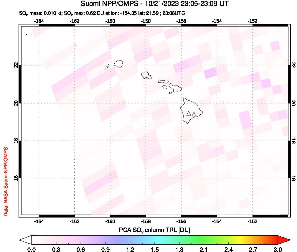 A sulfur dioxide image over Hawaii, USA on Oct 21, 2023.