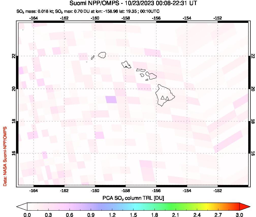 A sulfur dioxide image over Hawaii, USA on Oct 23, 2023.