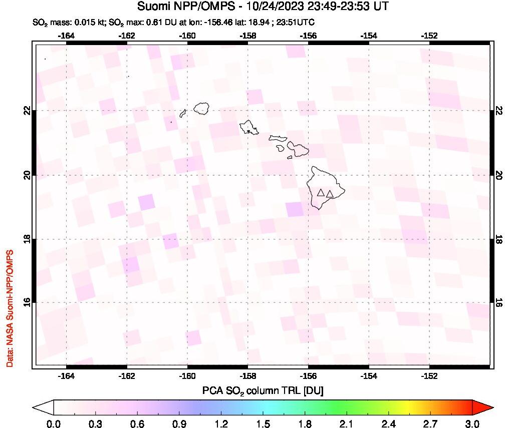 A sulfur dioxide image over Hawaii, USA on Oct 24, 2023.