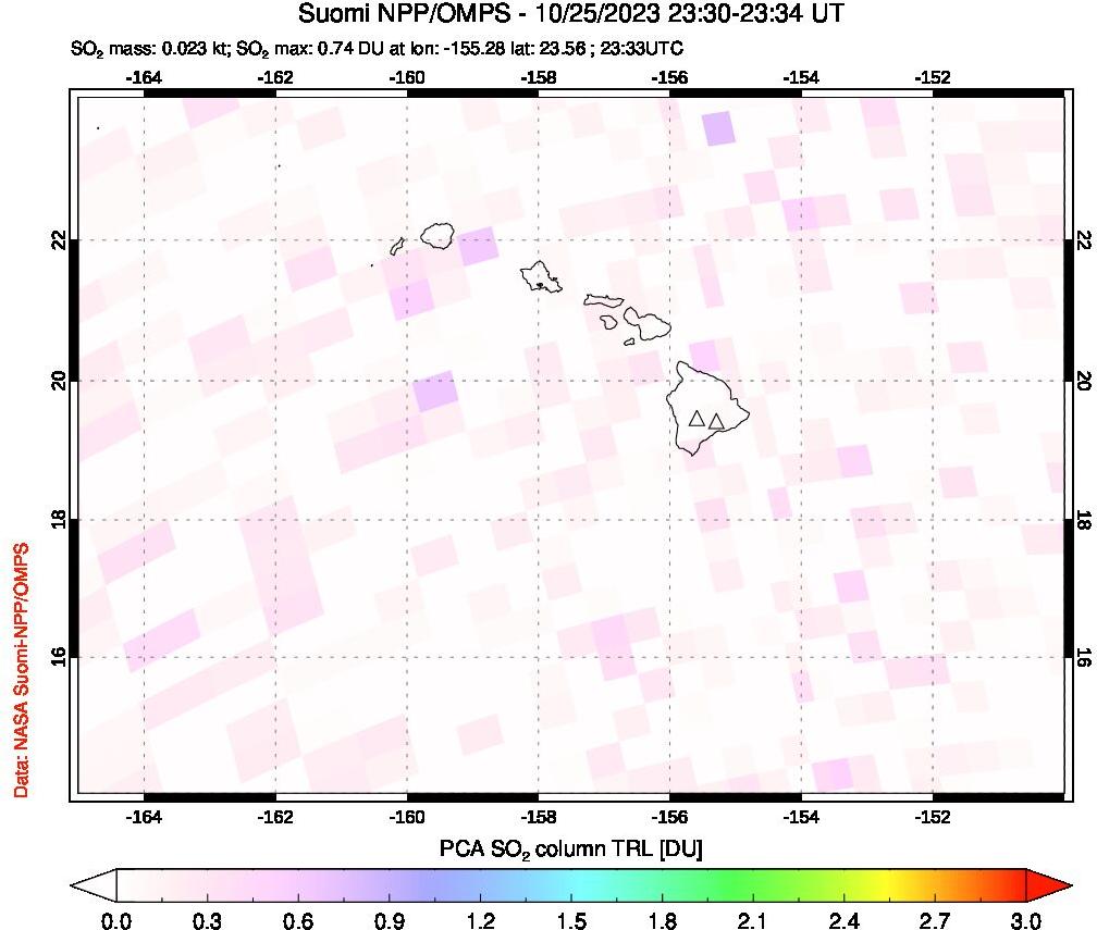 A sulfur dioxide image over Hawaii, USA on Oct 25, 2023.