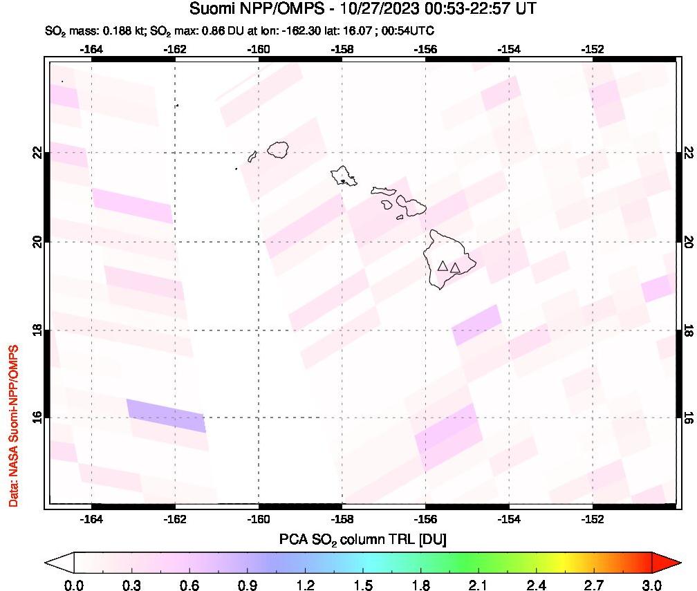 A sulfur dioxide image over Hawaii, USA on Oct 27, 2023.