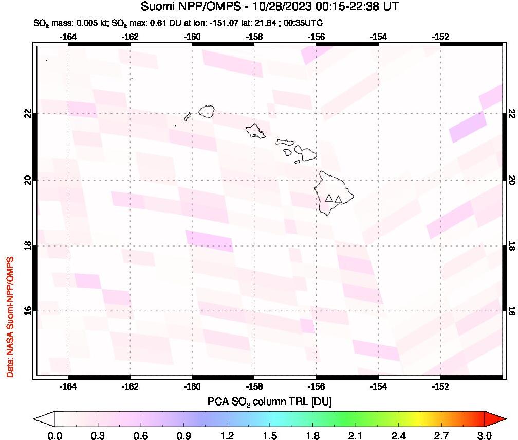 A sulfur dioxide image over Hawaii, USA on Oct 28, 2023.