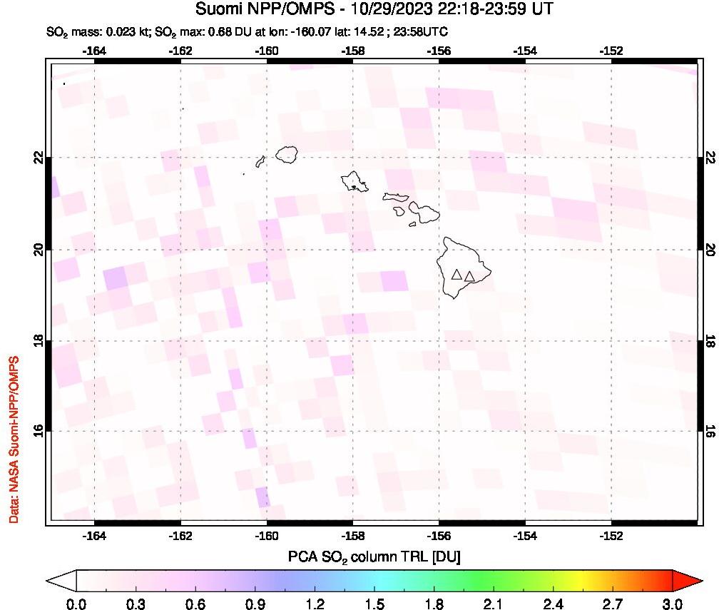 A sulfur dioxide image over Hawaii, USA on Oct 29, 2023.