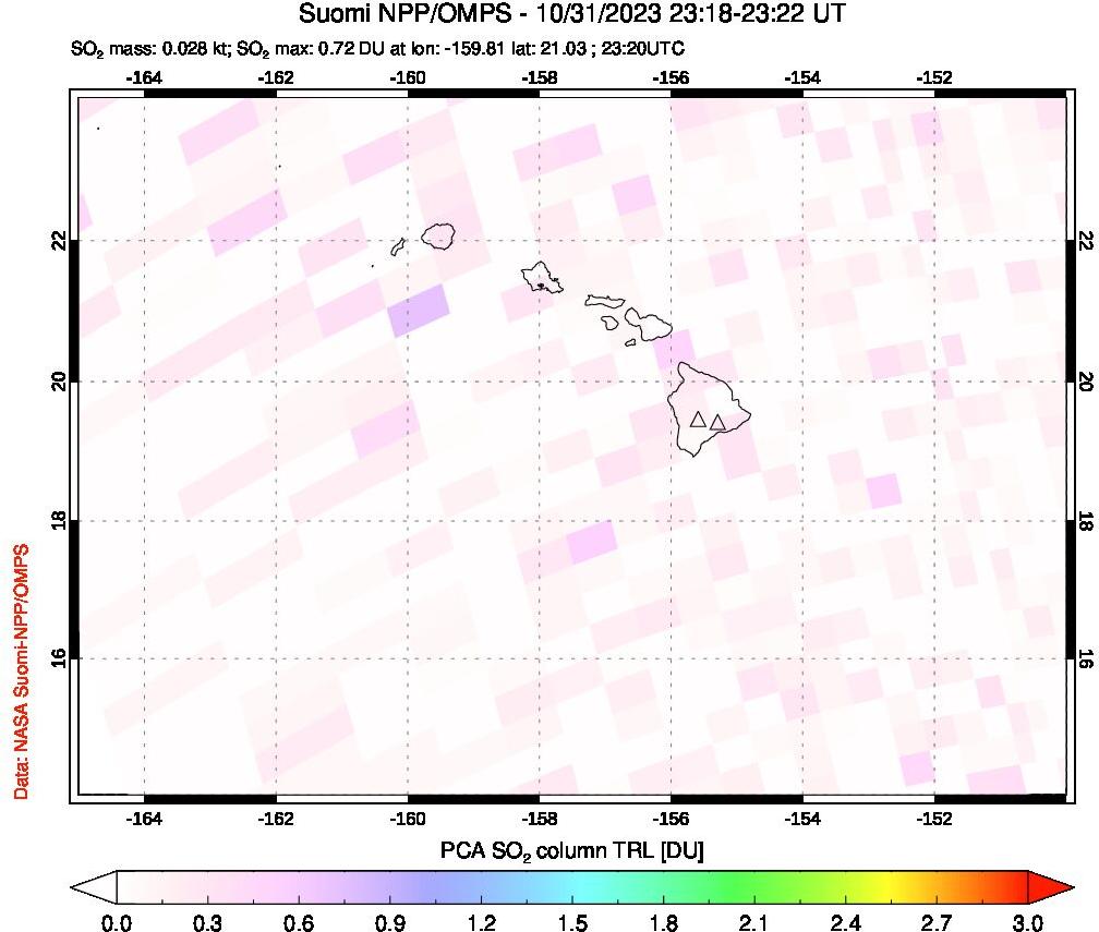 A sulfur dioxide image over Hawaii, USA on Oct 31, 2023.