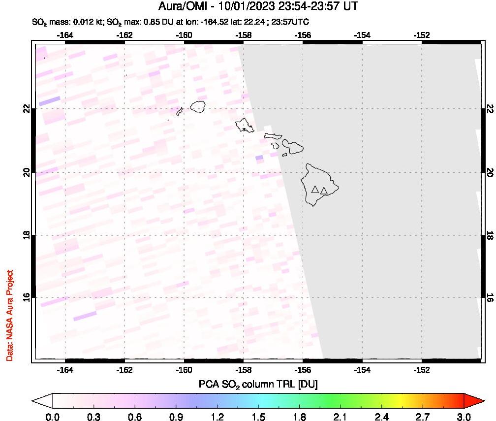 A sulfur dioxide image over Hawaii, USA on Oct 01, 2023.