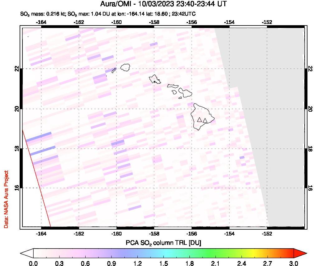 A sulfur dioxide image over Hawaii, USA on Oct 03, 2023.