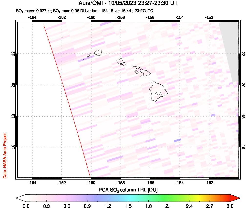 A sulfur dioxide image over Hawaii, USA on Oct 05, 2023.