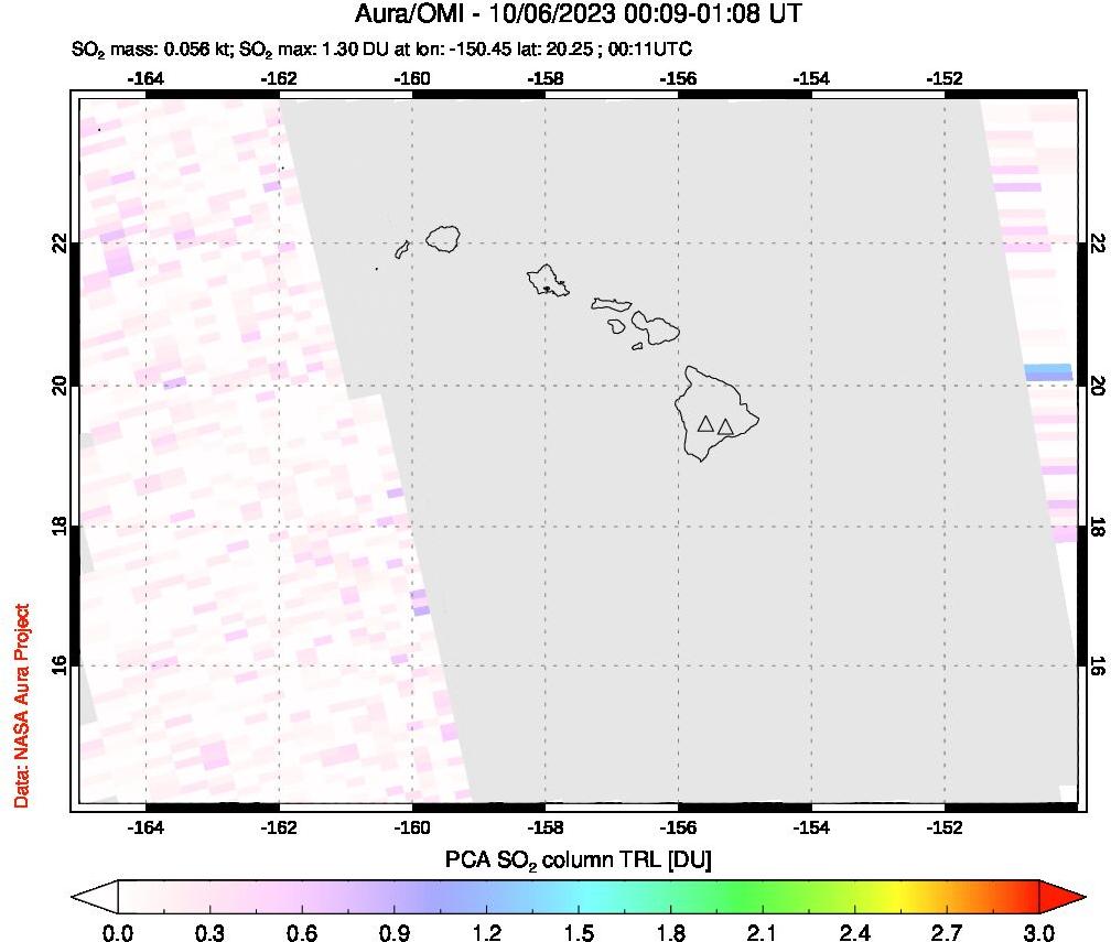 A sulfur dioxide image over Hawaii, USA on Oct 06, 2023.