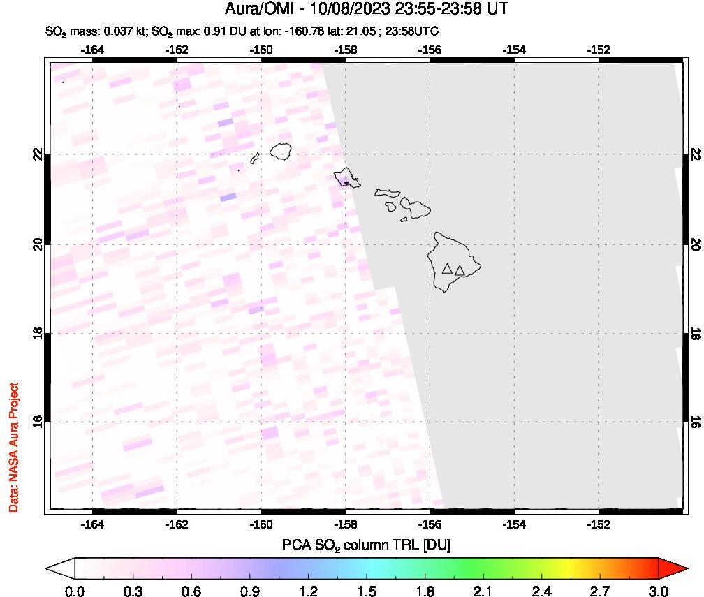 A sulfur dioxide image over Hawaii, USA on Oct 08, 2023.