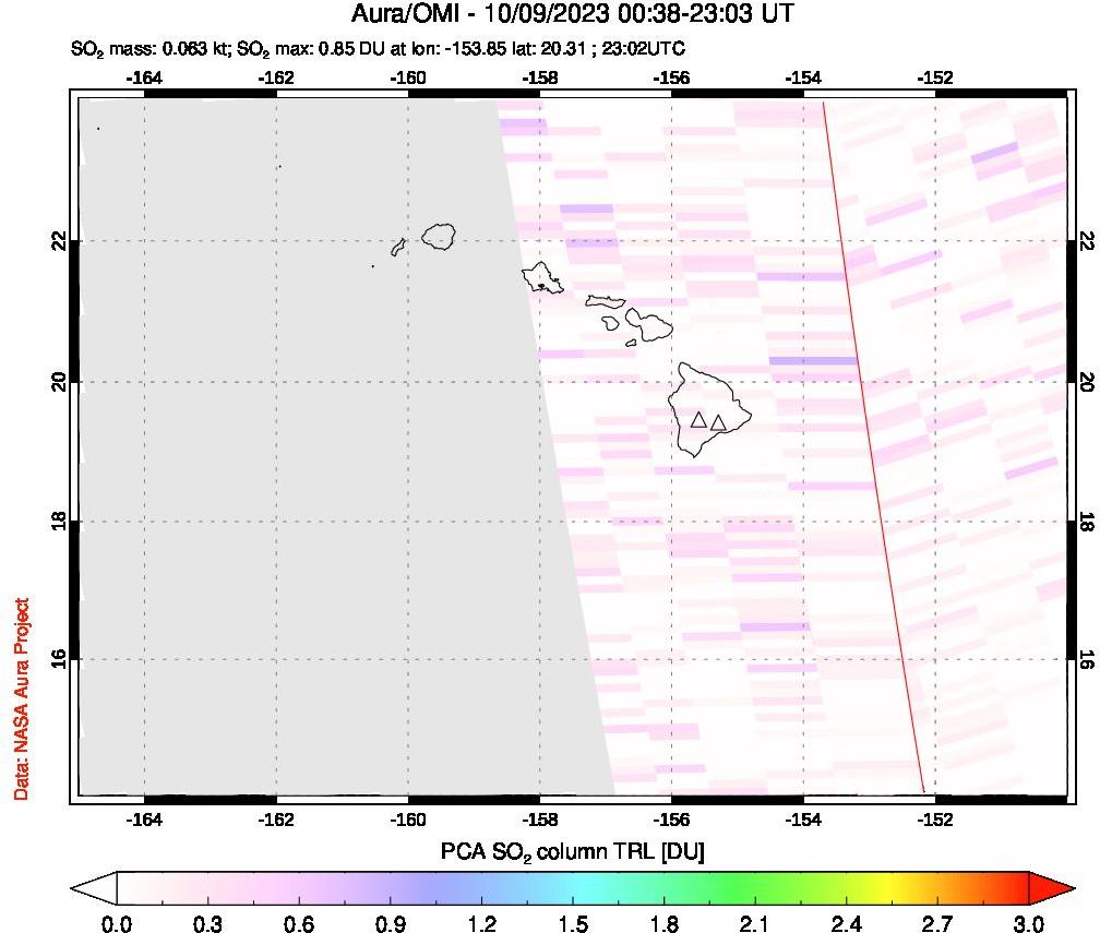 A sulfur dioxide image over Hawaii, USA on Oct 09, 2023.