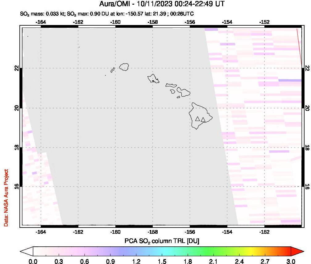 A sulfur dioxide image over Hawaii, USA on Oct 11, 2023.