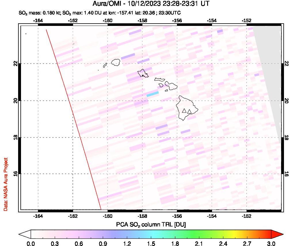 A sulfur dioxide image over Hawaii, USA on Oct 12, 2023.