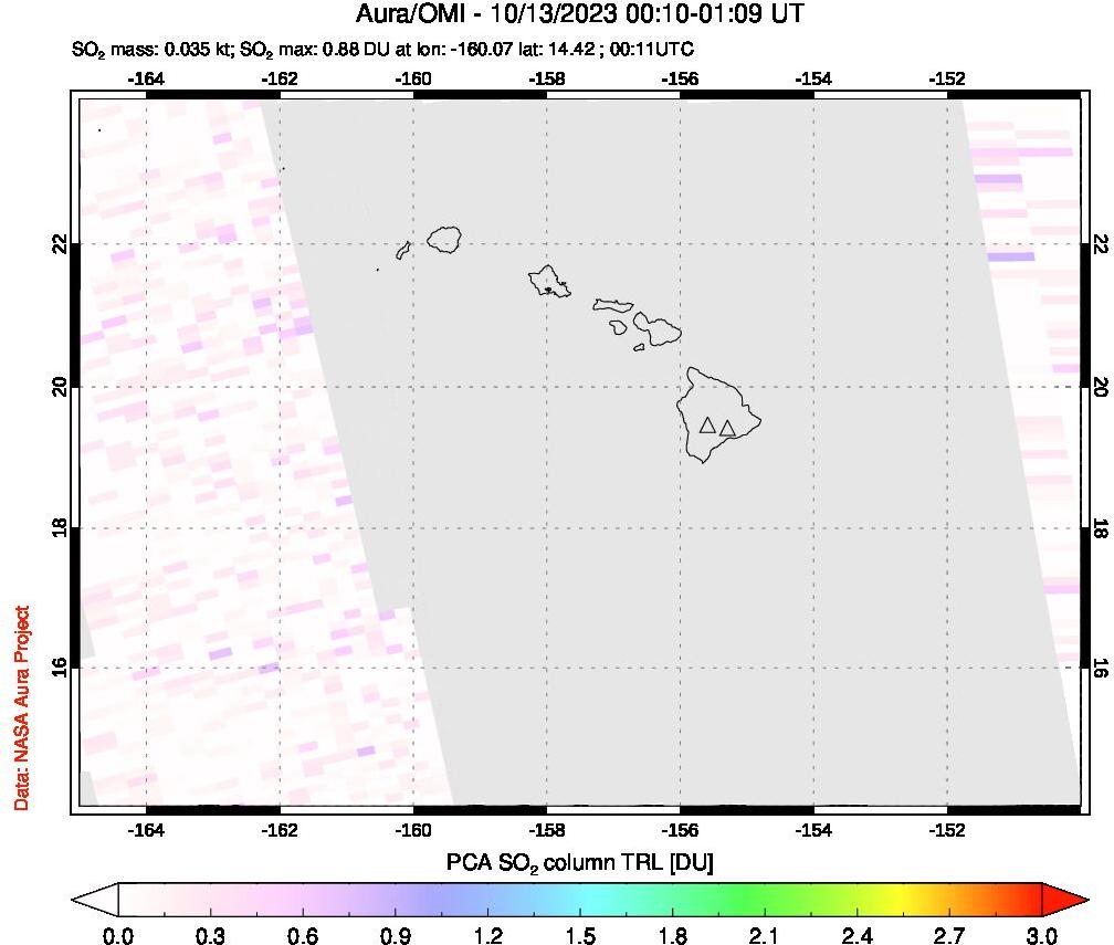 A sulfur dioxide image over Hawaii, USA on Oct 13, 2023.