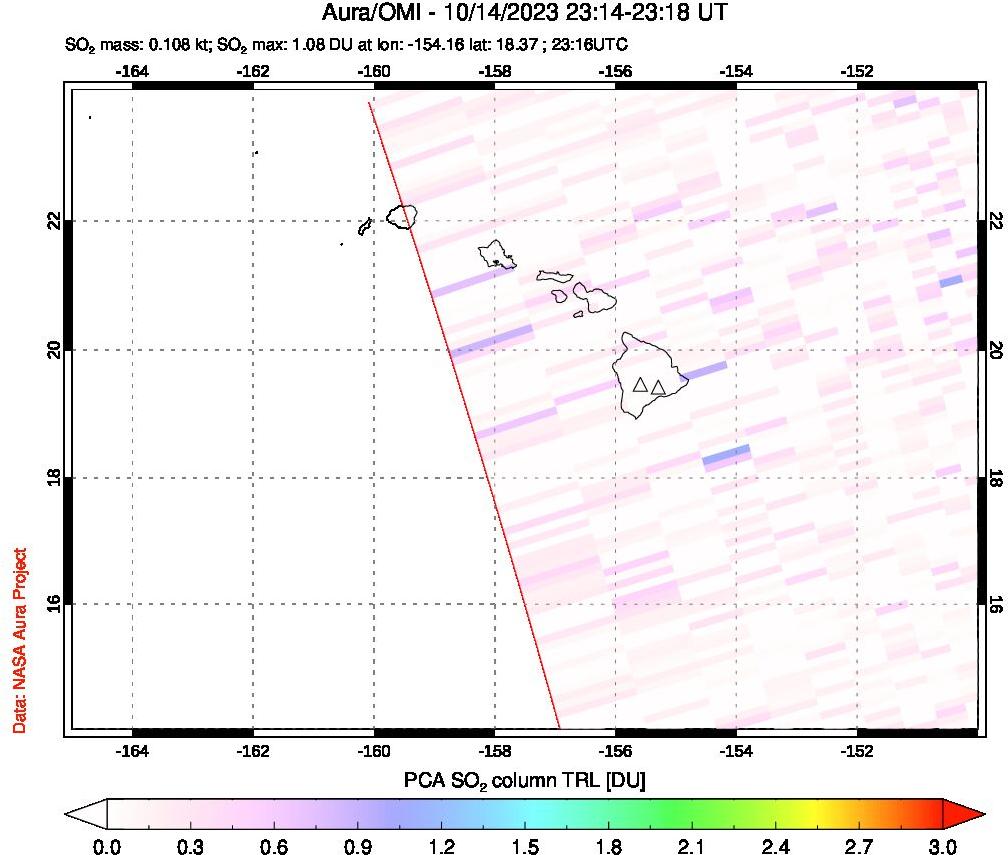 A sulfur dioxide image over Hawaii, USA on Oct 14, 2023.