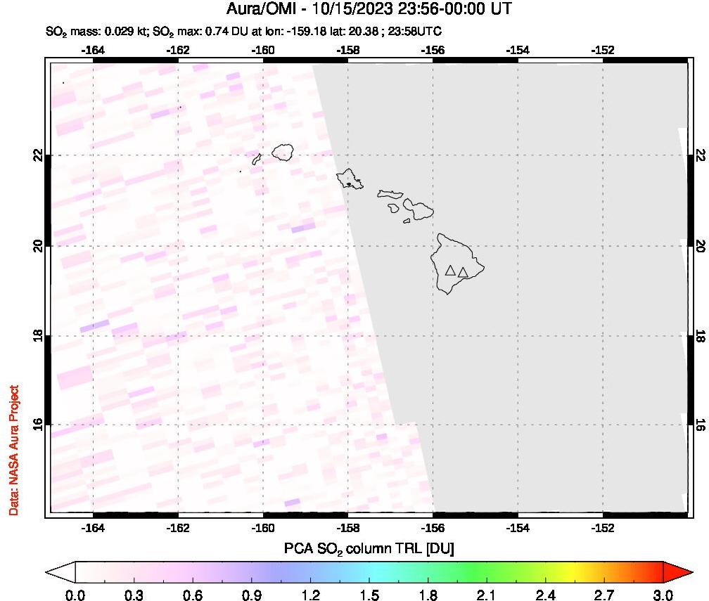 A sulfur dioxide image over Hawaii, USA on Oct 15, 2023.