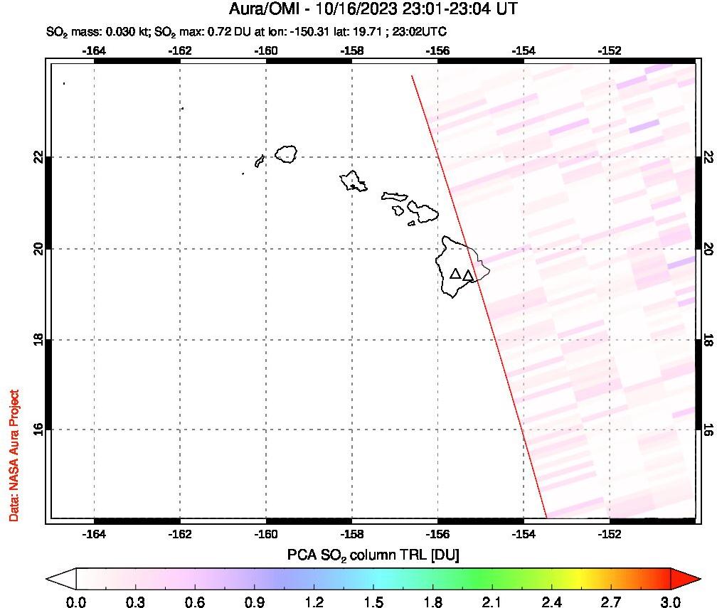 A sulfur dioxide image over Hawaii, USA on Oct 16, 2023.