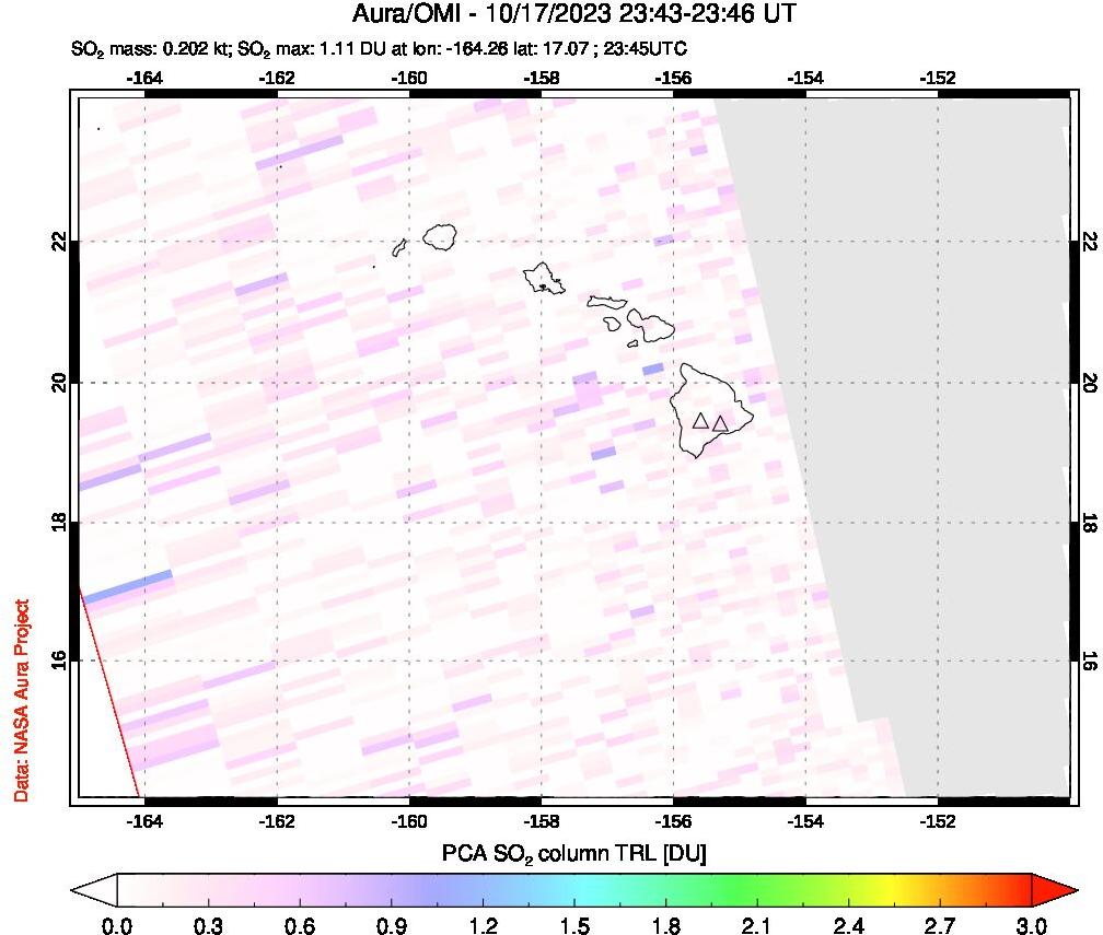 A sulfur dioxide image over Hawaii, USA on Oct 17, 2023.