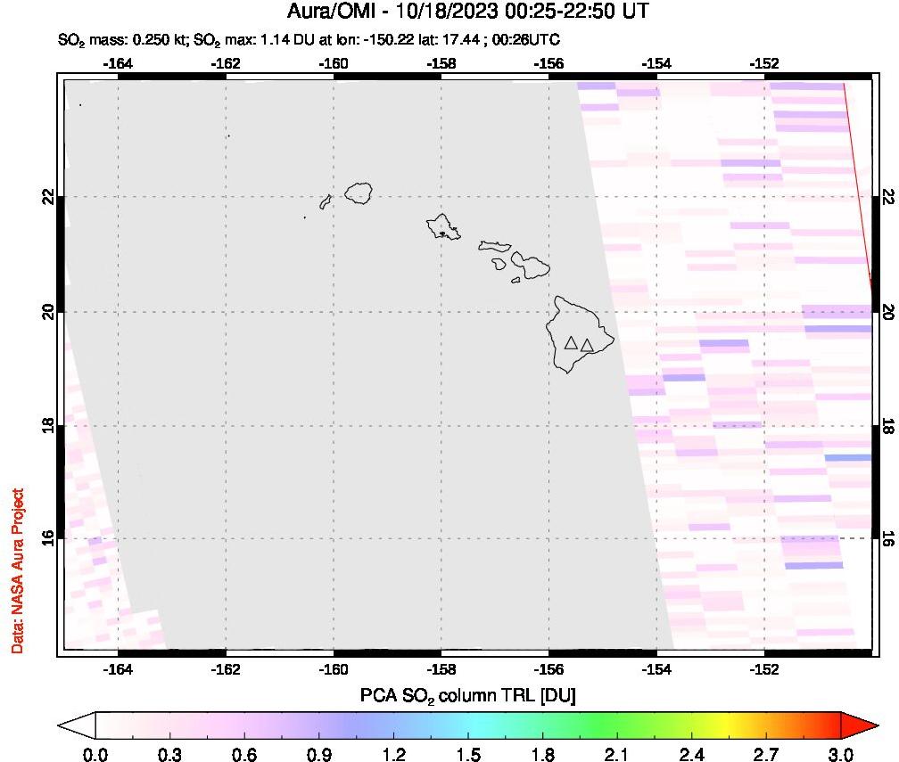 A sulfur dioxide image over Hawaii, USA on Oct 18, 2023.