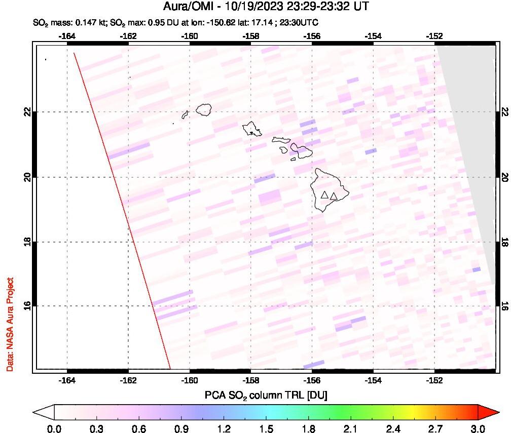 A sulfur dioxide image over Hawaii, USA on Oct 19, 2023.