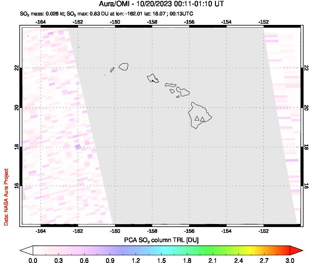 A sulfur dioxide image over Hawaii, USA on Oct 20, 2023.