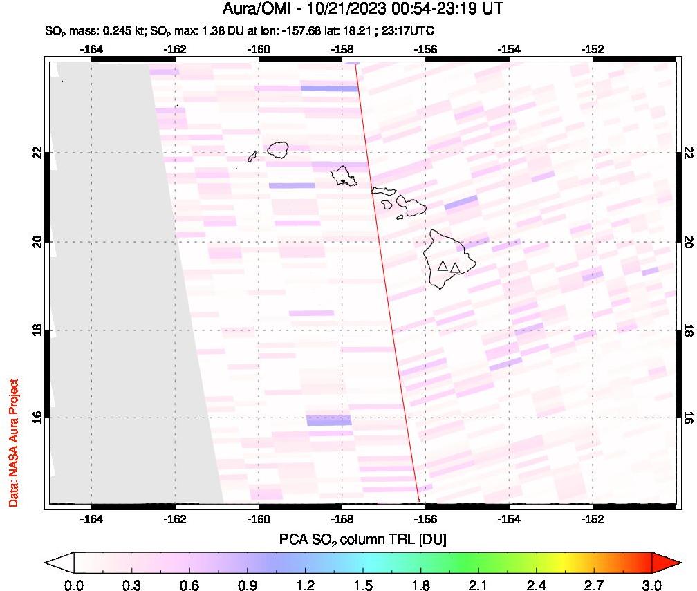 A sulfur dioxide image over Hawaii, USA on Oct 21, 2023.