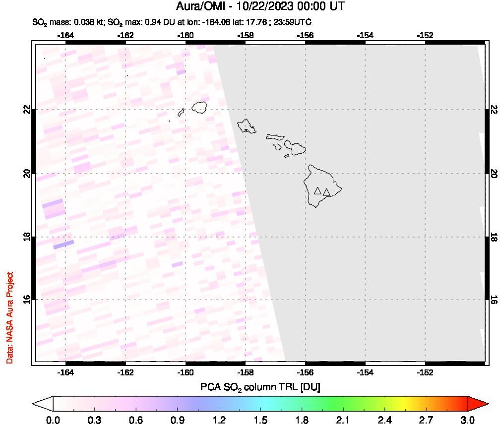 A sulfur dioxide image over Hawaii, USA on Oct 22, 2023.