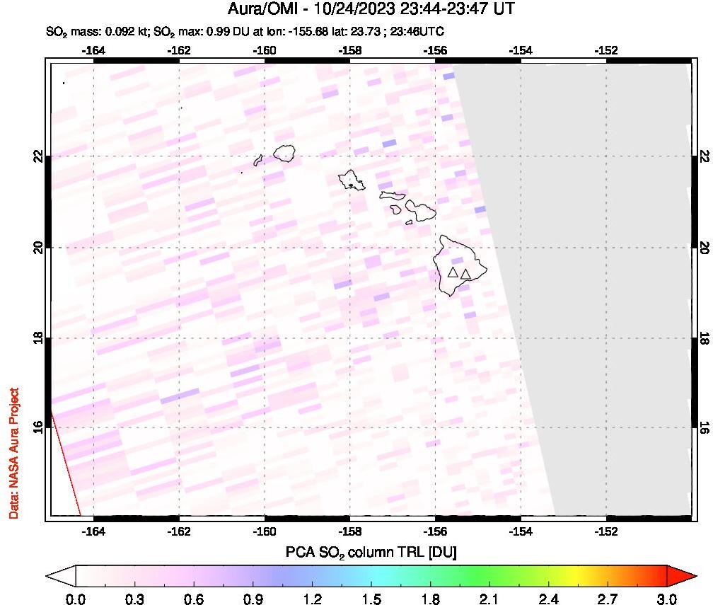 A sulfur dioxide image over Hawaii, USA on Oct 24, 2023.