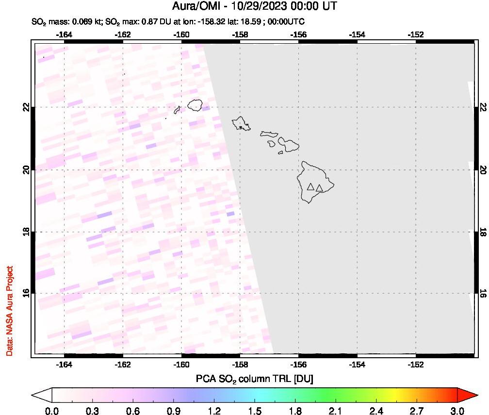 A sulfur dioxide image over Hawaii, USA on Oct 29, 2023.