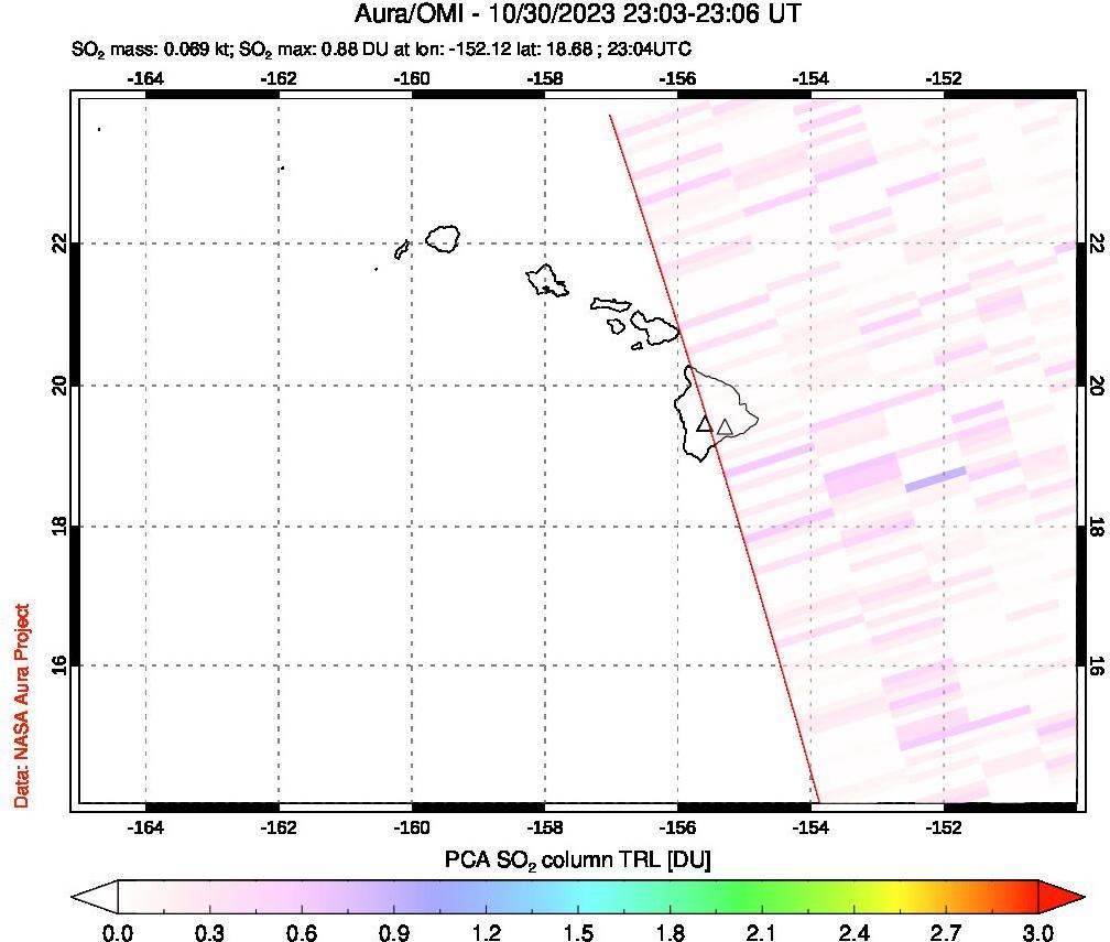 A sulfur dioxide image over Hawaii, USA on Oct 30, 2023.