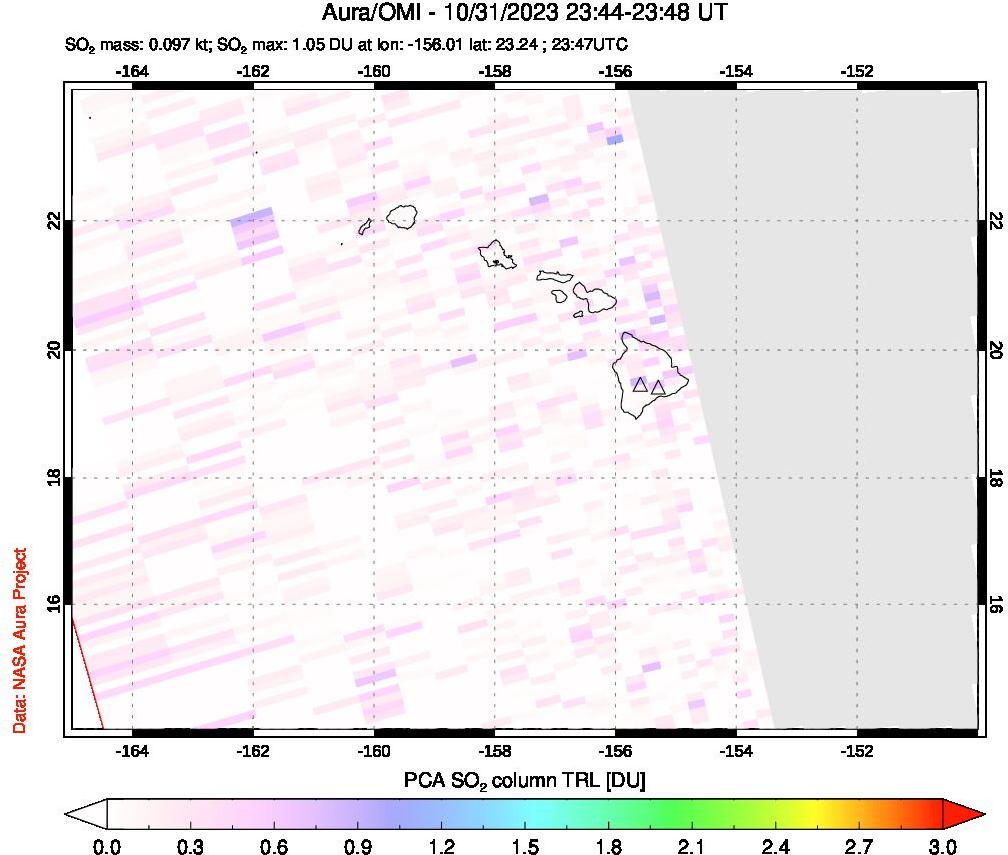 A sulfur dioxide image over Hawaii, USA on Oct 31, 2023.