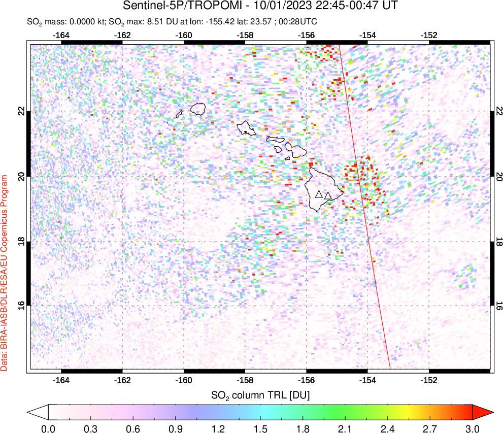 A sulfur dioxide image over Hawaii, USA on Oct 01, 2023.