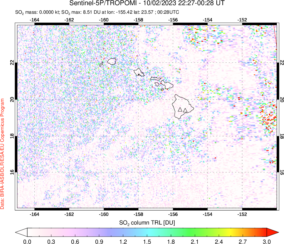 A sulfur dioxide image over Hawaii, USA on Oct 02, 2023.