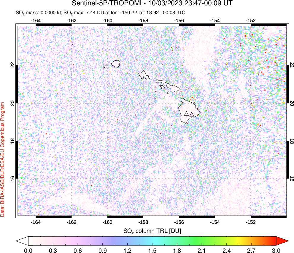 A sulfur dioxide image over Hawaii, USA on Oct 03, 2023.