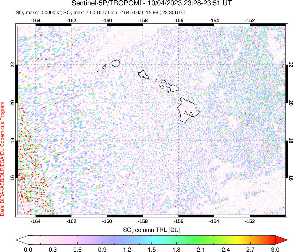 A sulfur dioxide image over Hawaii, USA on Oct 04, 2023.